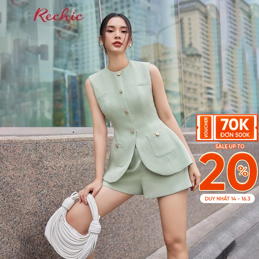 RECHIC Áo vest nữ Carmy sát nách trơn form ôm có túi thật cổ tròn sang trọng lịch sự thanh lịch