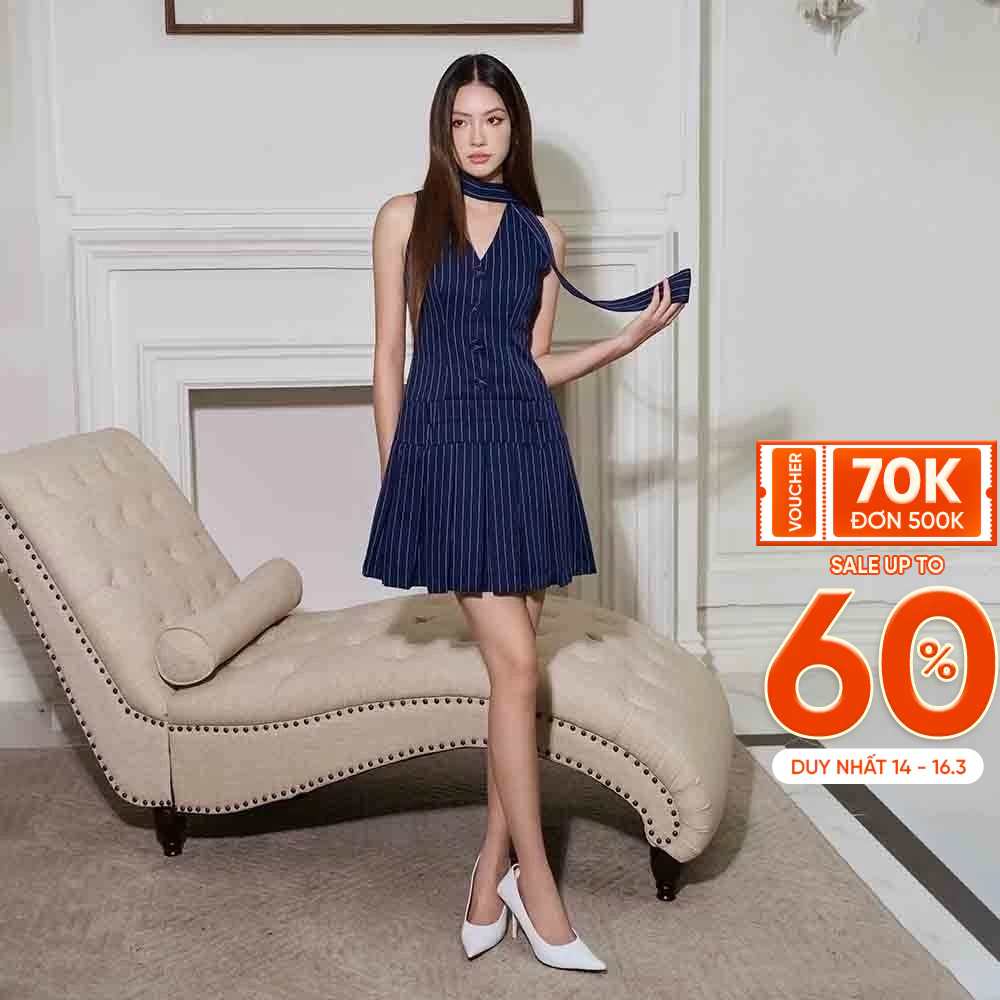 RECHIC Đầm cổ V Hanni họa tiết sọc kết hợp dây đeo cổ chiết eo sang trọng quý phái