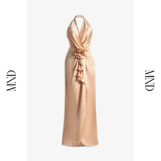 Machnhaduong - đầm lụa dự tiệc cổ yếm hở lưng xẻ tà đính hoa hồng màu vàng champagne - rossa dress
