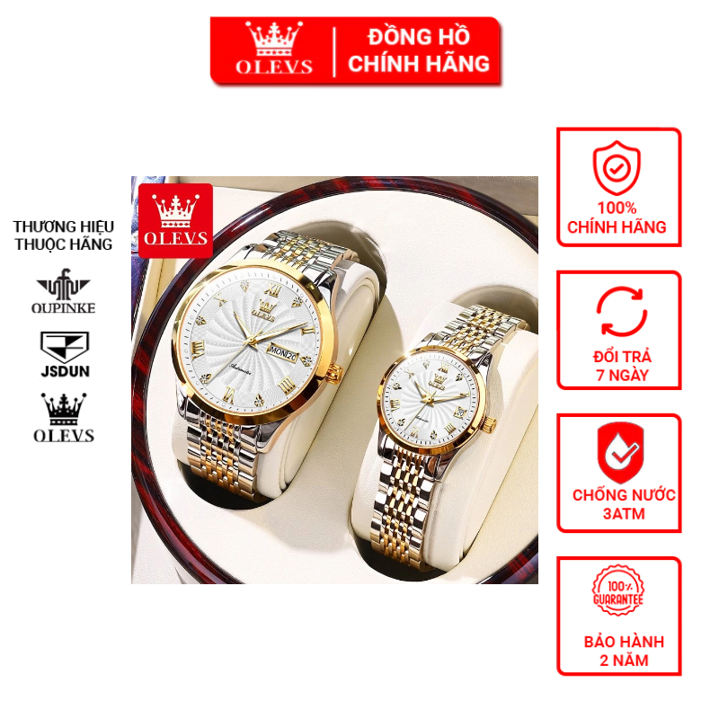 Đồng hồ đôi nam nữ cao cấp Olevs máy cơ, dây đeo kim loại bằng thép, chống nước 30m,bảo hành toàn quốc 12 tháng