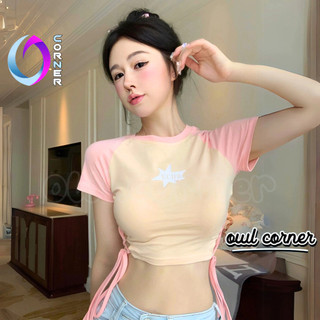 (XẢ HÀNG) Áo Croptop Tay Ngắn Cổ Tròn ECNO ĐAN DÂY EO Borip Ôm Body BM00_BM88, Áo Thun Raglan Nữ In Hình OWL CORNER