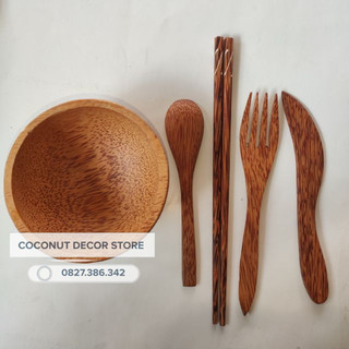 Combo - Chén muỗng đũa nỉa dao gỗ dừa an toàn thân thiện