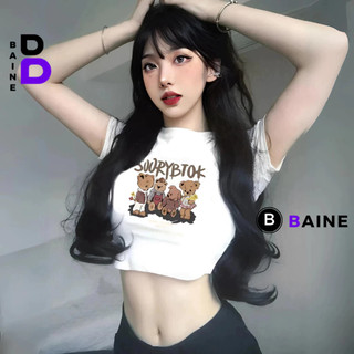 Áo Croptop Ôm Body Tay Ngắn Cổ Tròn GẤU SOORY BTOK Đẹp Sexy Nữ, Áo Thun Chất Borip Kiểu In Họa Tiết BAINE