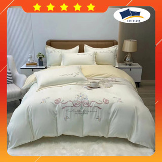 Bộ chăn ga gối cotton linen thêu họa tiết nhập khẩu cao cấp - sét 4 món - cotton linen