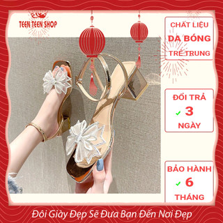 Giày sandal cao gót nơ đá đế vuông 5p - sandal 5cm mũi vuông , teen teen shop - mã buomsandal