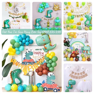 Set bóng trang trí sinh nhật khủng long kèm backdrop tặng kèm bơm keo