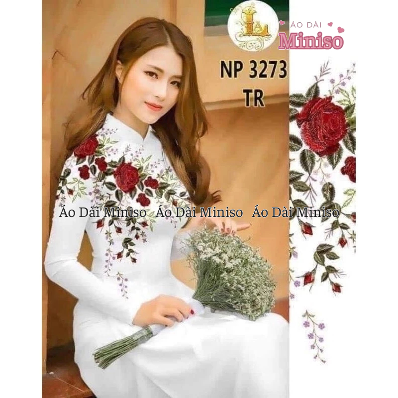 Áo dài lụa trắng MINISO in hình hoa hồng 3D