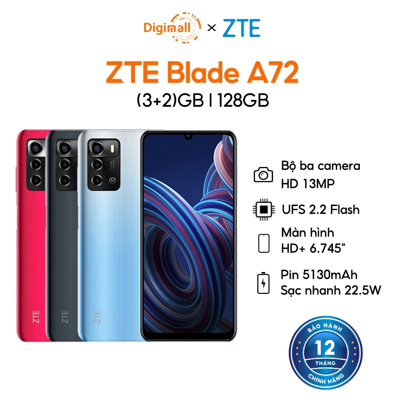 Điện Thoại ZTE Blade A72 | 5GB(3GB+2GB)/128GB | 6.75'' HD+ | 90HZ | 5130mAh - 22.5W | 3 Camera | Hàng Chính Hãng