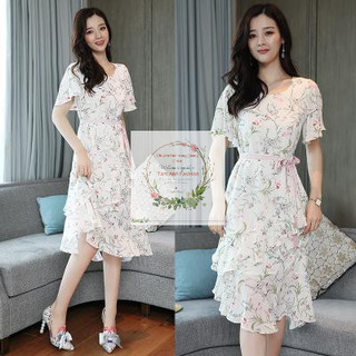 Đầm nữ hoạ tiết hoa thắt nơ eo