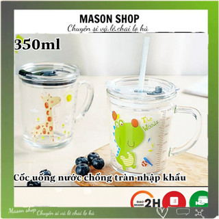 Cốc Uống Nước Cho Bé Có Ống Hút 350Ml 400Ml/ Ly Thủy Tinh Chia Vạch Có Quai Nắp Chống Tràn An Toàn Đẹp Dễ Thương