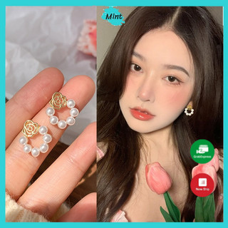 [36] Bông Tai Nữ ❤️FREESHIP❤️ Bông Tai Tròn Đính Ngọc Trai Giả Hình Hoa Hồng - Khuyên Tai Phong Cách Hàn Quốc Thanh Lịch