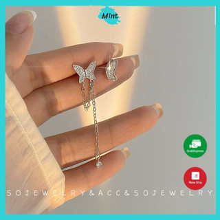 Bông Tai Thả Xích Hình Bướm Đính Đá ❤️KHÔNG GÂY DỊ ỨNG❤️ Khuyên Tai Nữ Bất Đối Xứng Phong Cách Hàn Quốc