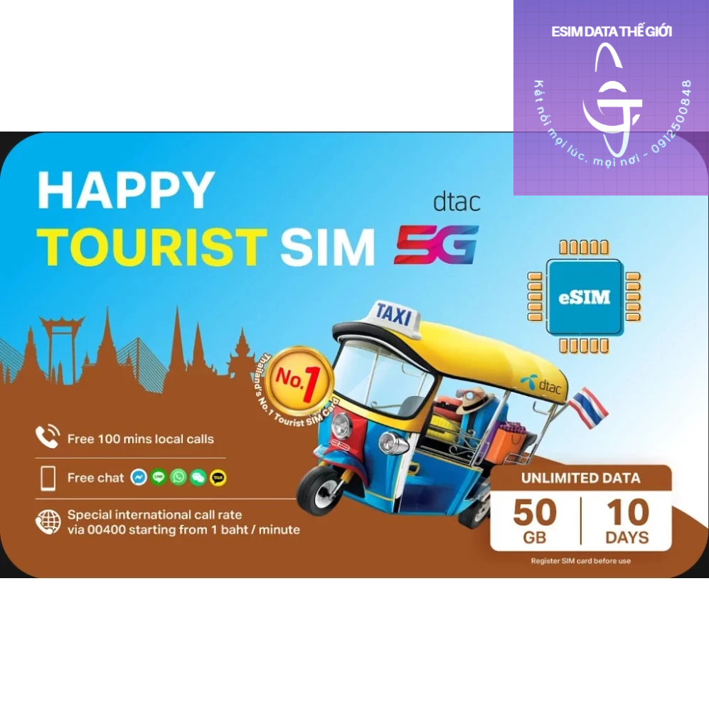 SIM/esim DU LỊCH THÁI LAN 10 ngày Dung lượng data khủng