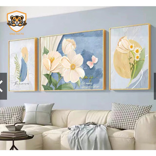 Bộ tranh hoa tráng gương treo tường phòng khách, tranh treo sau sofa hổ decor - tranh đồng hồ cao cấp