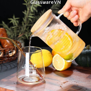 Ca, bình thủy tinh borosilicate nắp gỗ tre chịu nhiệt chia vạch 350ml-500ml-1000ml