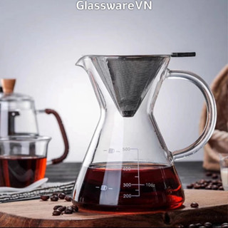 Bình Chemex Pha Cà Phê 500ml Tay Cầm Thủy Tinh Borosilicate Chịu Nhiệt kèm Phễu Lọc Cafe V60 Inox 304 2 Lớp Siêu Mịn
