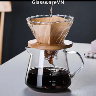 Bộ Bình Phễu Lọc Cà Phê V60 Thủy Tinh Borosilicate Chịu Nhiệt Pha Cafe Bằng Giấy Lọc Giá Đỡ Phễu Bằng Gỗ 300ML 600ML