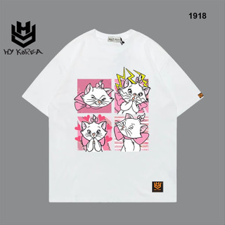 Áo Thun Unisex HY Korea In Hình Mèo Nơ 1918 Cotton 75% Phom Rộng Tay Lỡ