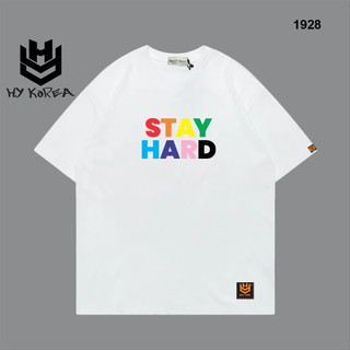 Áo Thun Unisex HY Korea In Chữ Stay Hand 1928 Cotton 75% Phom Rộng Tay Lỡ
