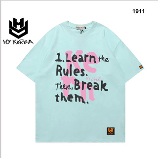 Áo Thun Unisex HY Korea In Chữ learn the rules 1911 Cotton 75% Phom Rộng Tay Lỡ