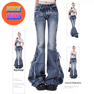   SẴN ĐEN XL  Quần jeans thiết kế thô kiểu retro hot girl Mỹ ôm sát cạp thấp quần dài bó quần ống loe nhẹ 