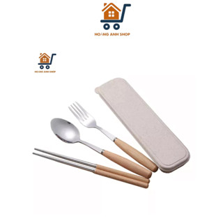 Bộ Muỗng Đũa Nĩa Inox Cán Gỗ / Cán Nhựa Cao Cấp - Có Hộp Đựng Lúa Mạch Sang Trọng, Tiện Lợi Mang Đi