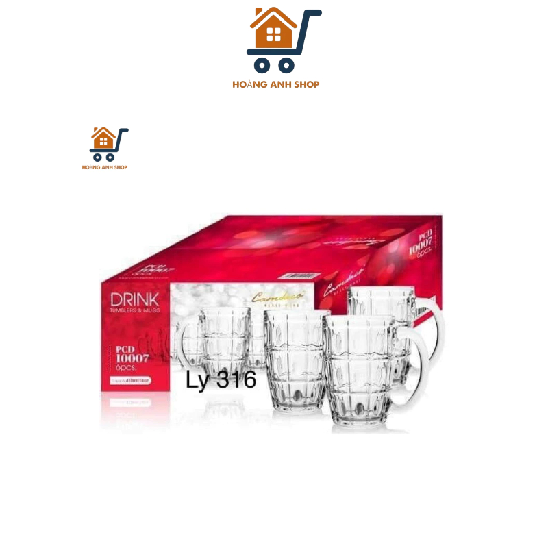 Bộ 6 Ly Thuỷ Tinh Có Quai CAMDACO-316, Dung Tích 375ml - Ly Uống Bia Size To - Ly Dày Bền Đẹp