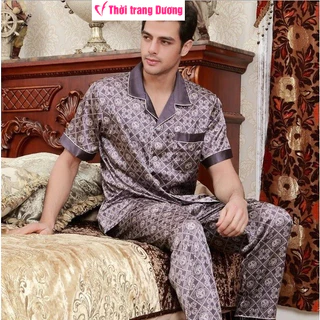 NG057N Bộ pyjama nam mặc nhà ngắn tay phối họa tiết nổi bật vải lụa satin mềm mại cao cấp - Thời Trang Dương
