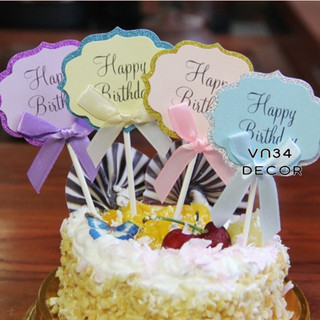 Túi 5 topper thiệp cắm Happy Birthday, hình cắm happy birthday nơ vàng, topper cake