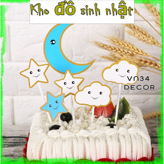 Set cắm Giấy mây trăng sao trang trí bánh kem, hình cắm giấy trang trí
