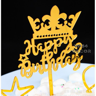 Thẻ cắm meka chữ Happy Birthday Vương miện trang trí bánh kem, hình cắm meka trang trí