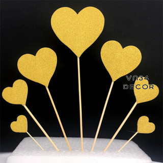 Set 7 hình Tim Giấy trang trí bánh kem, tim sao nhũ cắm bánh