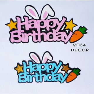 Túi 10 thẻ cắm Happy Birtday Thỏ cà rốt trang trí bánh kem, hình cắm giấy