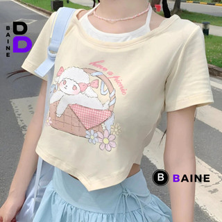 Áo Croptop Ôm Body Tay Ngắn Cổ Tròn YẾM VẠT NHỌN HÌNH CỪU Đẹp Sexy Nữ, Áo Thun Chất Borip Kiểu In Họa Tiết BAINE