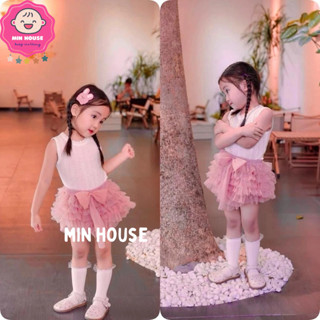 (10-30kg) Set áo ren sát nách phối chân váy voan nhiều tầng đính nơ xinh xắn cho bé gái (Trải sàn là ảnh thật)