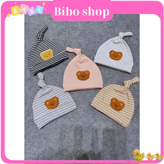Mũ nỉ sơ sinh hình gấu kẻ ngang cho bé dưới 7 tháng
