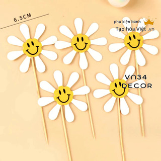 Set 5 Hoa Mặt Cười trang trí bánh kem, Set cắm Giấy bông hoa trang trí bánh sinh nhật