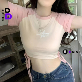 Áo Croptop Ôm Body Tay Ngắn Cổ Tròn ECNO ĐAN DÂY EO Đẹp Sexy Nữ, Áo Thun Raglan Chất Borip In Họa Tiết Thời Trang BAINE