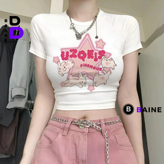 Áo Croptop Ôm Body Tay Ngắn Cổ Tròn SAO UZQEIS Đẹp Sexy Nữ, Áo Thun Chất gân Kiểu In hình thỏ Họa Tiết BAINE