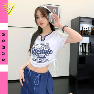 Áo Croptop Tay Ngắn Cổ Tròn LIFE STYLE Cổ Xẻ V Rút Dây 2 Bên, Áo Thun Chất Borip Ôm Body Kiểu In Họa Tiết Đẹp Sexy