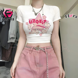  Áo Croptop Tay Ngắn Cổ Tròn SAO UZQEIS Chất Thun Borip CR159 Áo Thun Ôm Body Kiểu Sexy Nữ In Hoạ Tiết Flo'ra 