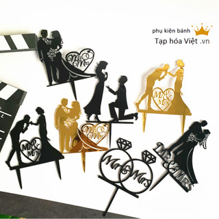 [Cỡ To] Túi 10 hình cắm Meka Cô dâu chú dể trang trí bánh cưới, meca Happy wedding, Mica cặp đôi