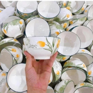 Bộ 6, bộ 10 chén sứ ăn cơm họa tiết hoa tulip đường kính 11.5cm, bát sứ chén sứ decor xinh xắn