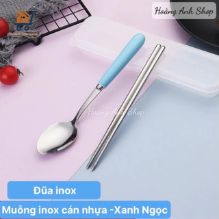 Bộ Muỗng Đũa Inox 2 Món - Màu Pastel - Đũa Inox + Muỗng Inox Cán Nhưa - Có Hộp Đựng