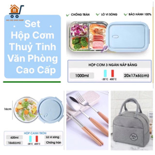 Set Tiết Kiệm - Set Hộp Cơm Thuỷ Tinh Văn Phòng 3 Ngăn 1L + Hộp Canh + Túi Giữ Nhiệt + Bộ Muỗng Đũa Nĩa Cán Gỗ