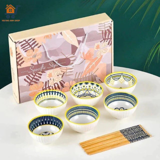 Bộ 6 chén sứ họa tiết có hộp đựng cao cấp tặng kèm 6 đôi đũa, vân nổi dễ cầm, thích hợp làm quà tặng