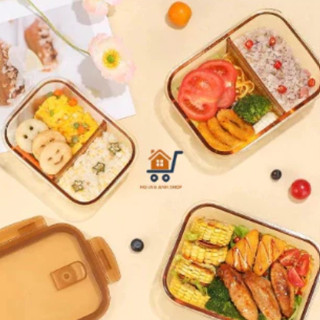Hộp Thủy Tinh Hổ Phách 1 2 Ngăn Cao Cấp, Hộp Đựng Cơm Thủy Tinh Chống Tràn, Chịu Nhiệt, Dùng Được Cho Lò Vi Sóng