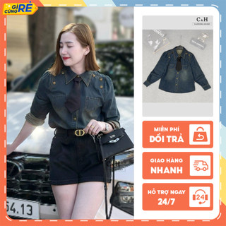 Áo sơ mi bò nữ tay bồng Áo sơmi Jean đính cúc dáng vừa Kèm cà vạt C&H Clothing