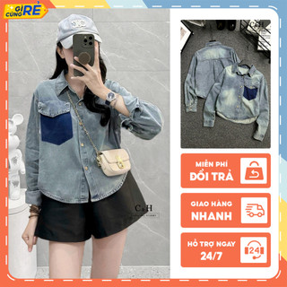 Áo sơ mi jean Bò Xanh phối nắp túi ngực Áo sơmi denim dài tay cổ bẻ C&H Clothing