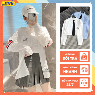 Áo sơ mi hình chó Thom Brow sọc sơ mi Dài tay trắng xanh kèm cà vạt C&H Clothing